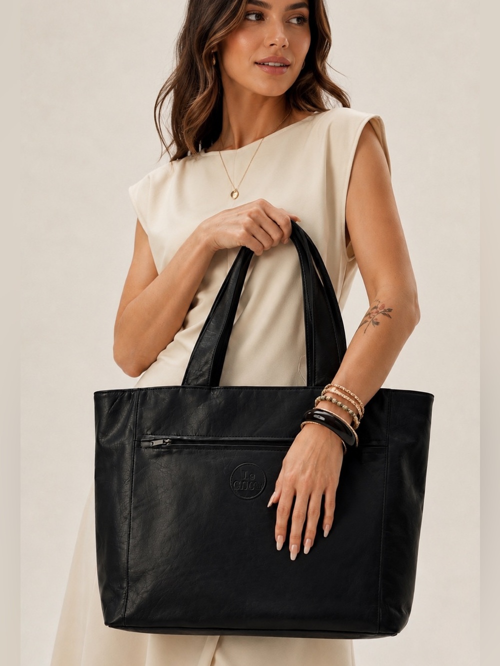 Le Club Oversized Black Faux Leather Tote Bag Nearly New